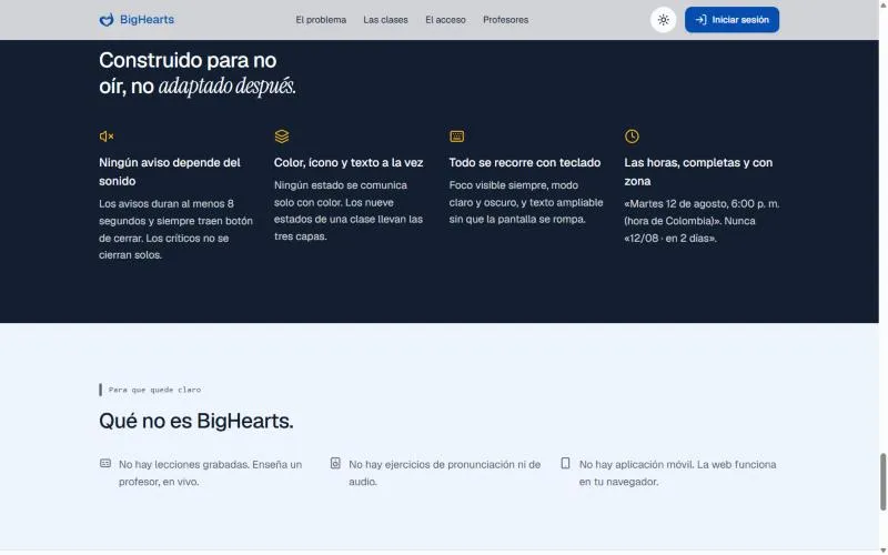 Principios de accesibilidad: ningún aviso depende del sonido; color, ícono y texto a la vez; navegación con teclado; horas completas con zona.