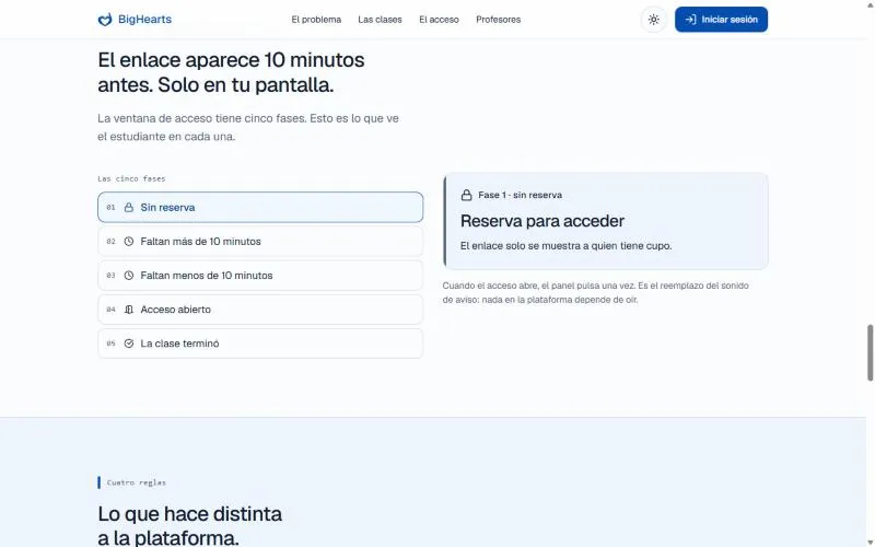 Las cinco fases de acceso a una clase: el enlace solo aparece a quien reservó, 10 minutos antes.