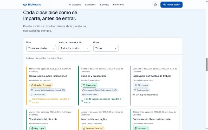 Catálogo de BigHearts con filtros por nivel, modo de comunicación y cupo, y tarjetas de clase con fecha, profesor, nivel, cupos y modo de comunicación (LSC, texto escrito o lectura labial).