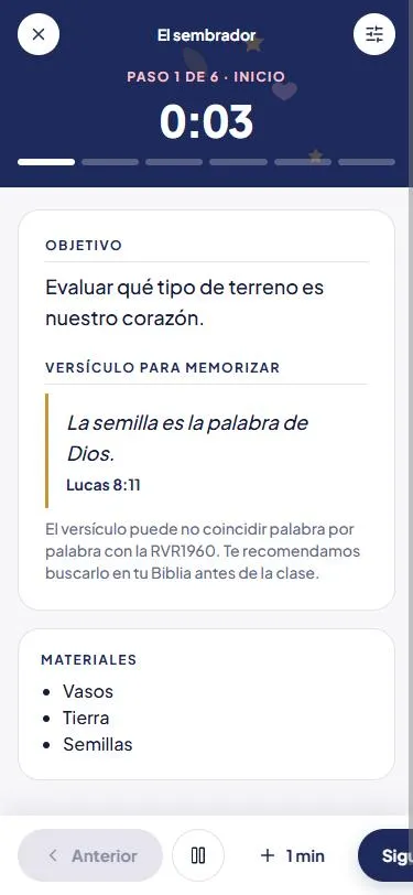 Celular, Modo clase: paso 1 de 6 con temporizador, objetivo, versículo para memorizar y materiales.